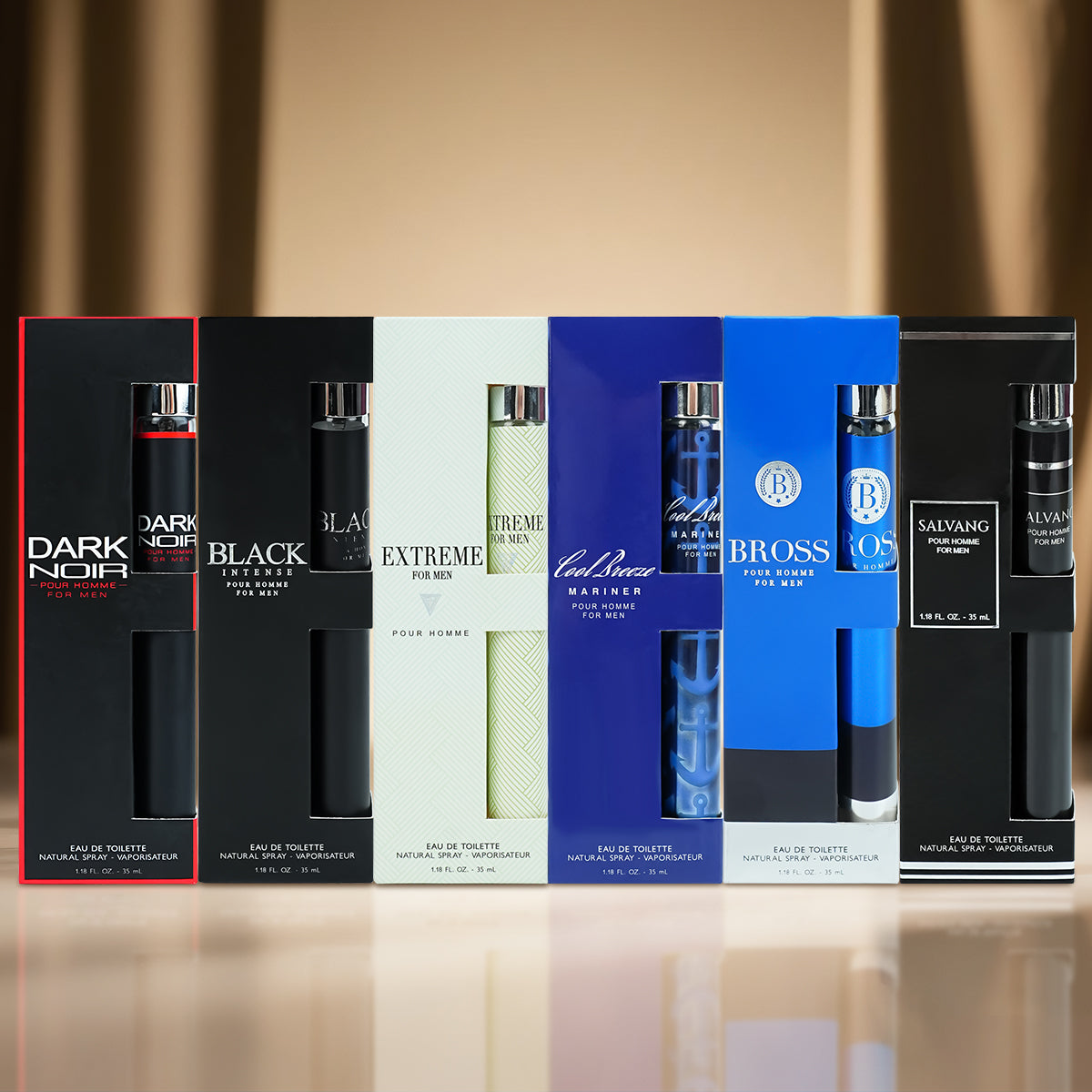 Eau De Toilette Travel Set Cologne for Him 6x 1.18 oz - Breeze / Bross / Extreme / Intense / Noir / Salvang