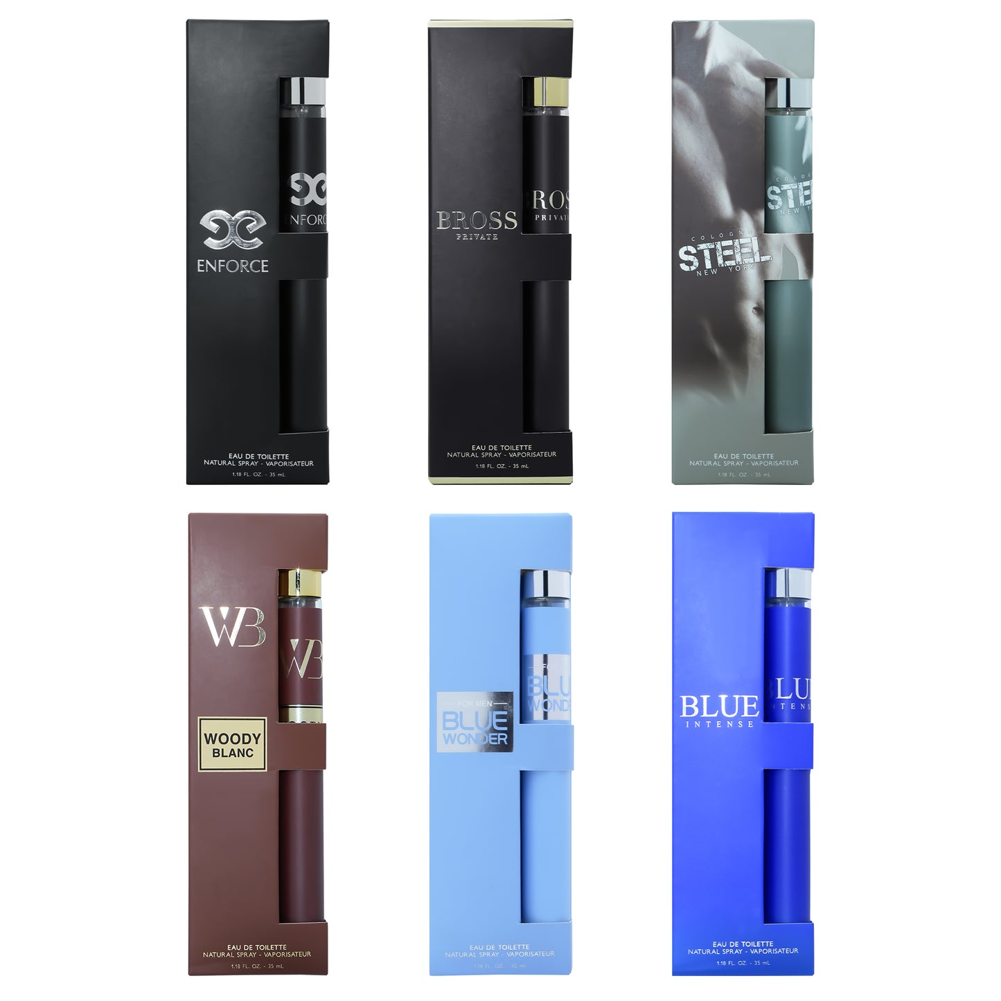 Cologne for Him Eau De Toilette Travel Set 6x 1.18 oz - Bross / Enforce / Intense / Steel / Wonder / Woody