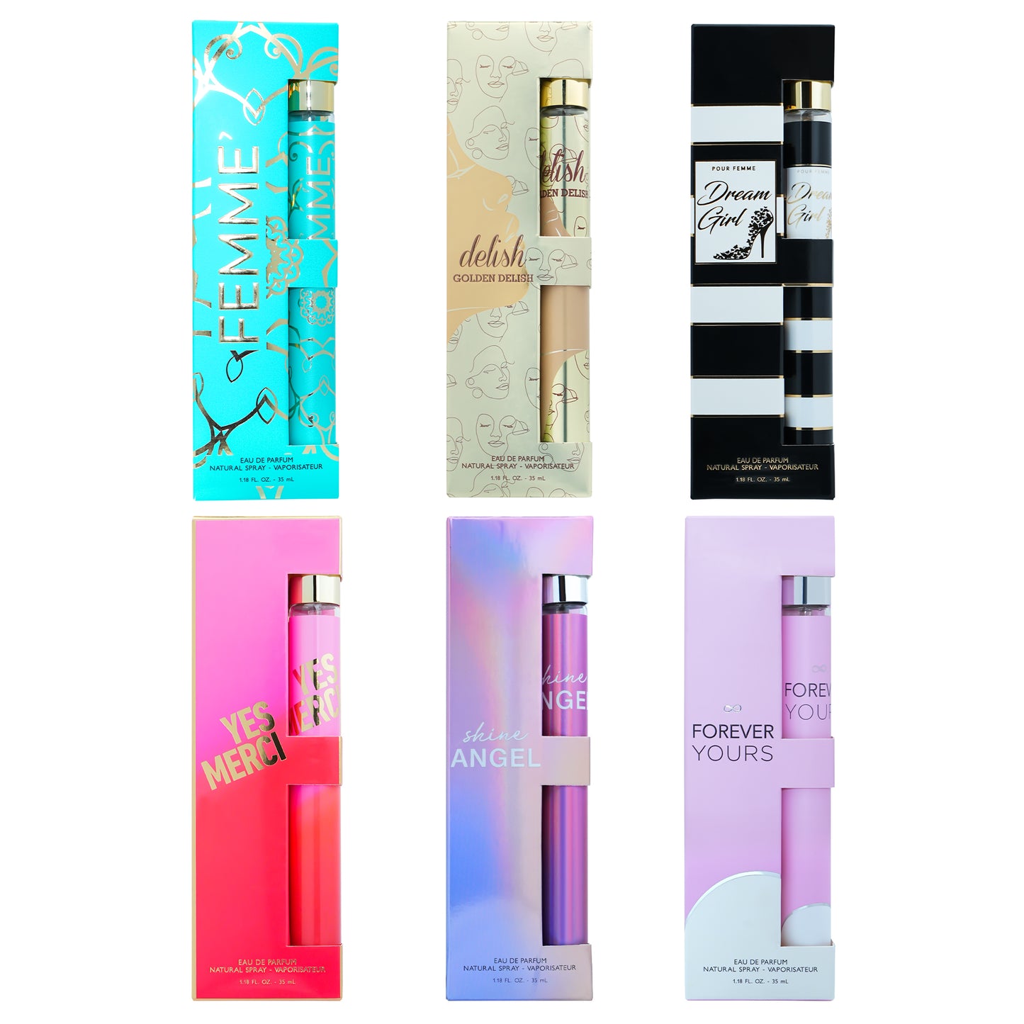 Eau de Parfum Travel Set Perfume for Her 6x 1.18 oz - Angel / Delish / Dream / Femme / Forever / Merci
