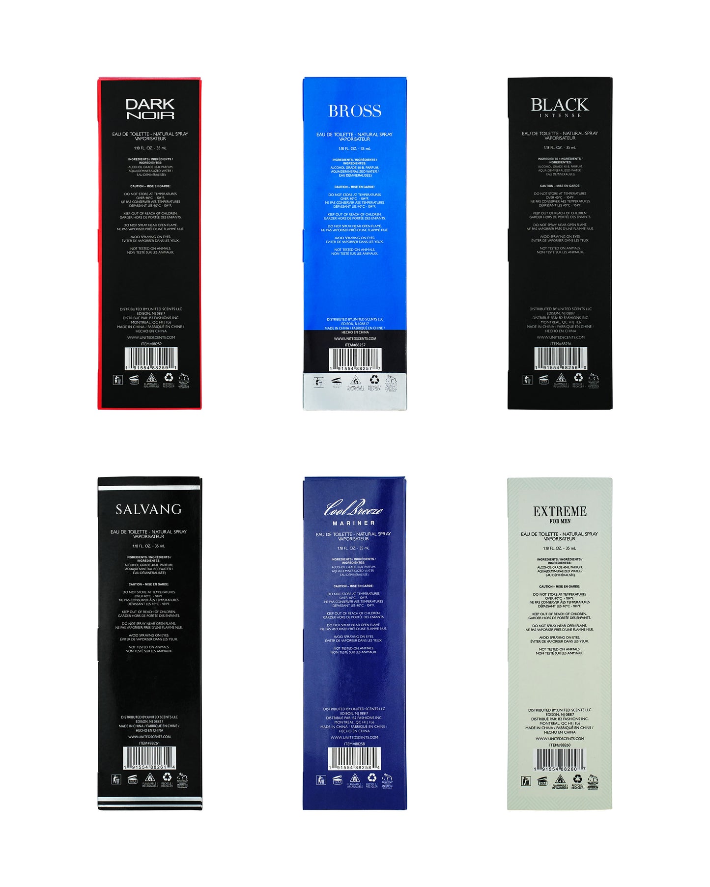 Eau De Toilette Travel Set Cologne for Him 6x 1.18 oz - Breeze / Bross / Extreme / Intense / Noir / Salvang