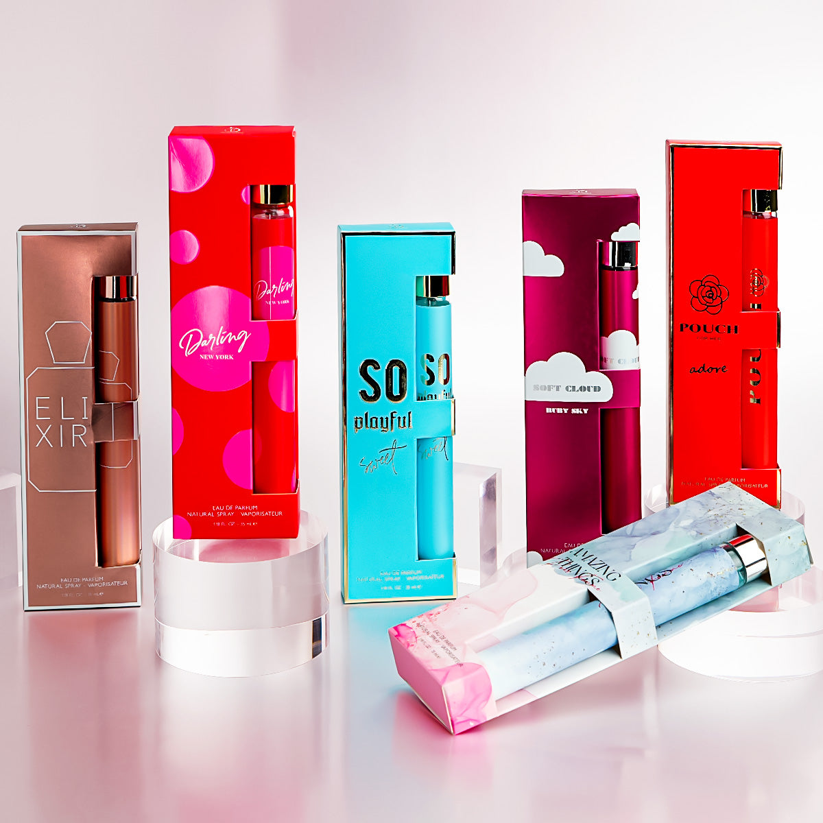 Perfume for Her Eau de Parfum Travel Set 6x 1.18 oz - Amazing / Darling / Elixir / Playful / Pouch / Soft Cloud