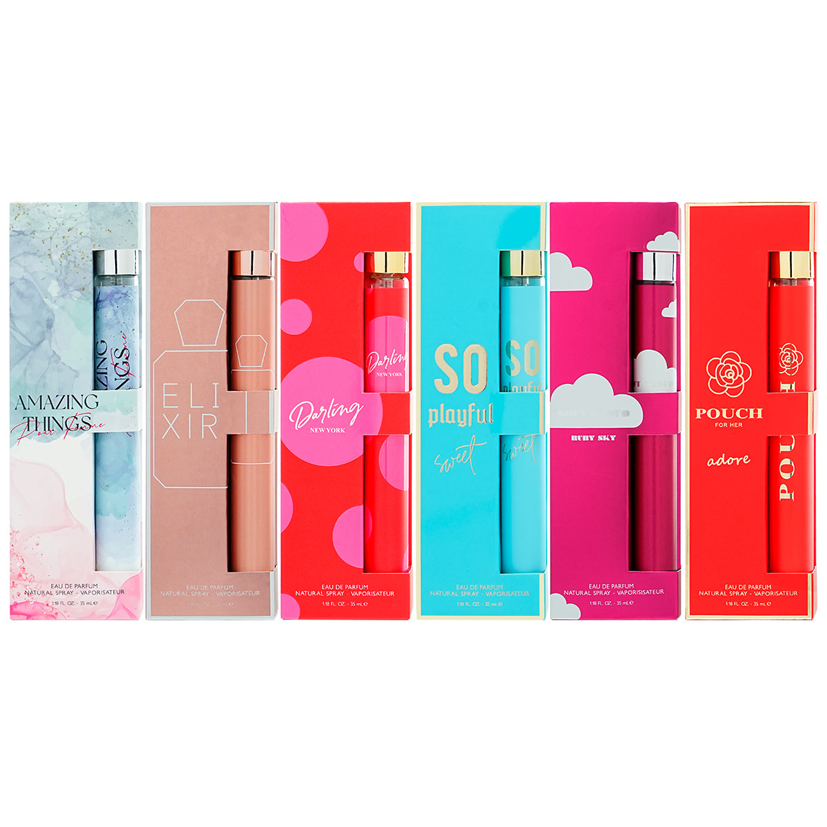 Perfume for Her Eau de Parfum Travel Set 6x 1.18 oz - Amazing / Darling / Elixir / Playful / Pouch / Soft Cloud